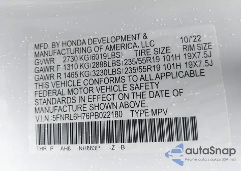 2023 Honda Odyssey Sport z USA, uszkodzony, nr VIN 5FNRL6H76PB022180